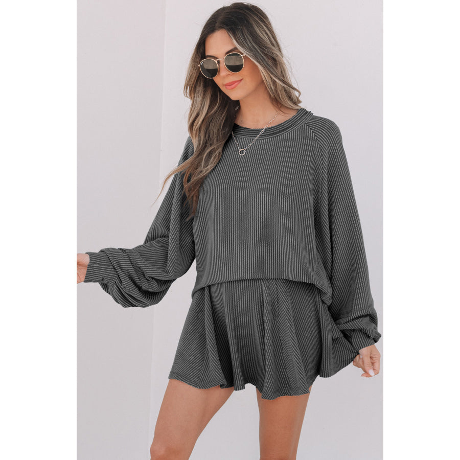 Sky Blue Corded Lantern Sleeve Top High Waist Ruffled Mini Skort Set Two Piece Sets/Two Piece Dresses