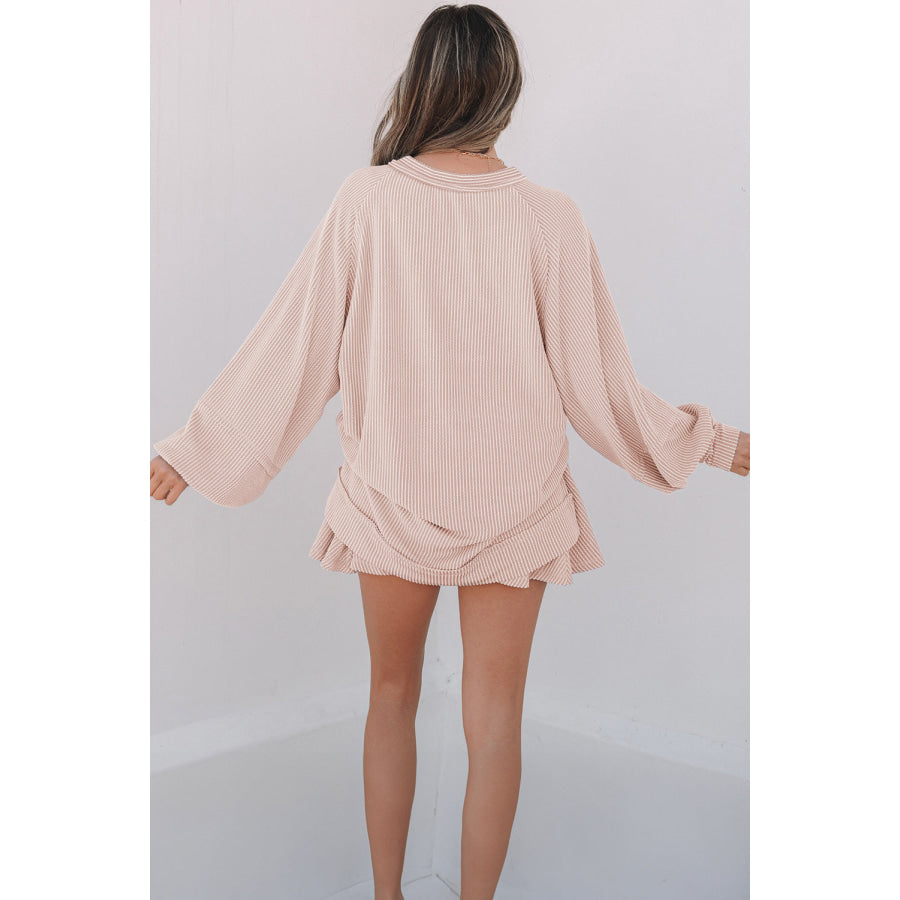 Sky Blue Corded Lantern Sleeve Top High Waist Ruffled Mini Skort Set Two Piece Sets/Two Piece Dresses