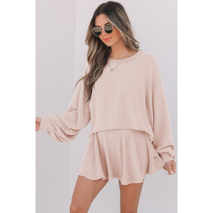 Sky Blue Corded Lantern Sleeve Top High Waist Ruffled Mini Skort Set Two Piece Sets/Two Piece Dresses