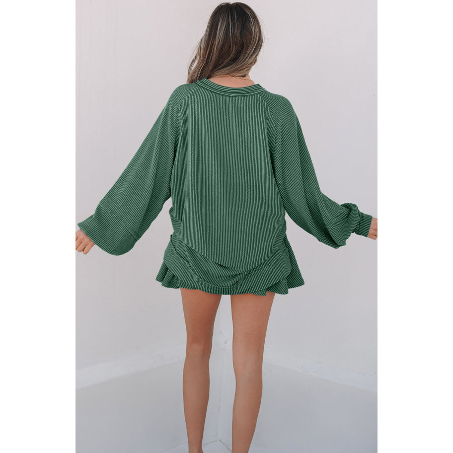Sky Blue Corded Lantern Sleeve Top High Waist Ruffled Mini Skort Set Two Piece Sets/Two Piece Dresses