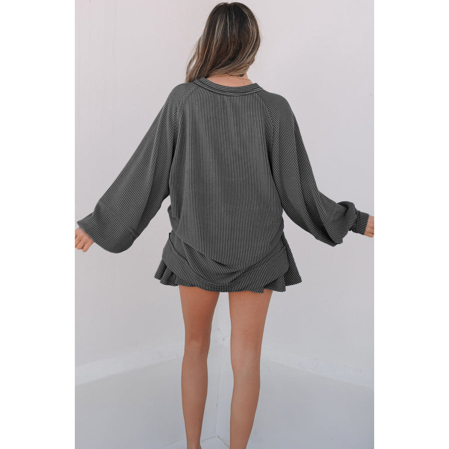 Sky Blue Corded Lantern Sleeve Top High Waist Ruffled Mini Skort Set Two Piece Sets/Two Piece Dresses