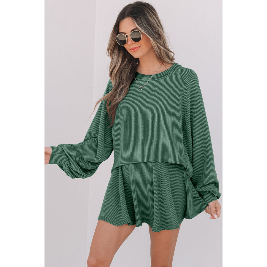 Sky Blue Corded Lantern Sleeve Top High Waist Ruffled Mini Skort Set Two Piece Sets/Two Piece Dresses