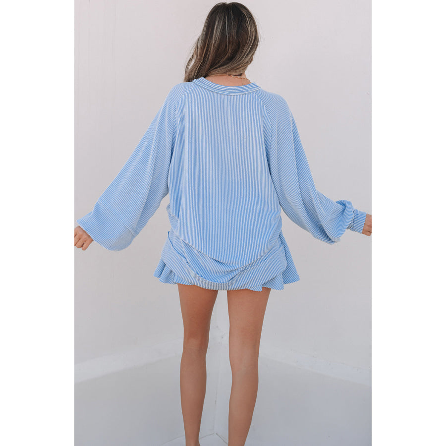 Sky Blue Corded Lantern Sleeve Top High Waist Ruffled Mini Skort Set Two Piece Sets/Two Piece Dresses