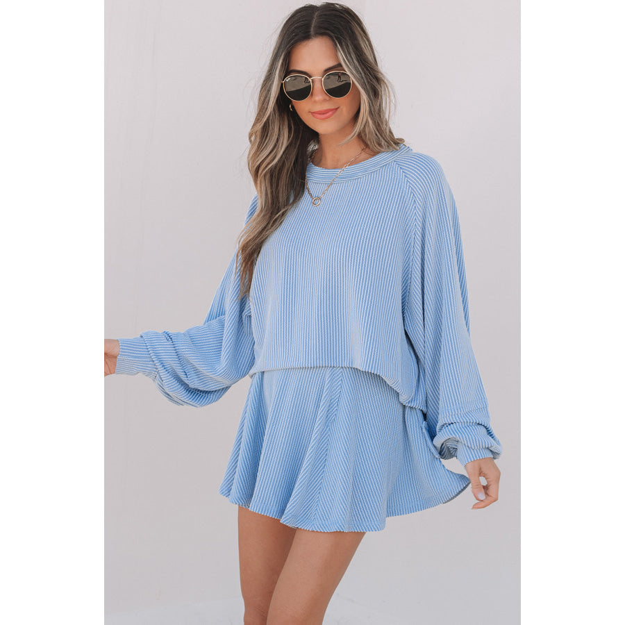 Sky Blue Corded Lantern Sleeve Top High Waist Ruffled Mini Skort Set Two Piece Sets/Two Piece Dresses