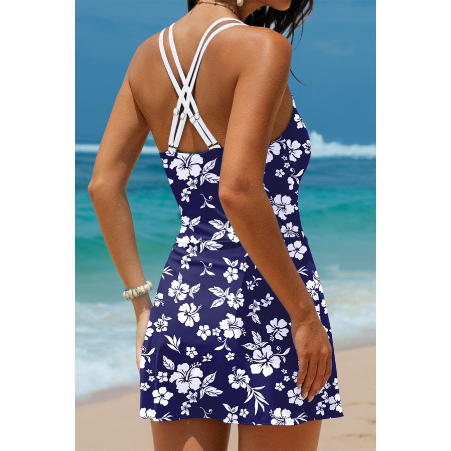 Sky Blue Crossed Back Floral Print Asymmetric Knot Side One Piece Swimsuit Swimwear/One Piece Swimsuit