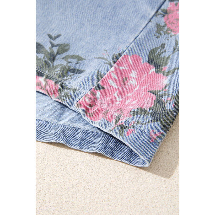 Sky Blue Denim Floral Print Cuffed Short Sleeve Button Down Shift Dress Dresses/Mini Dresses
