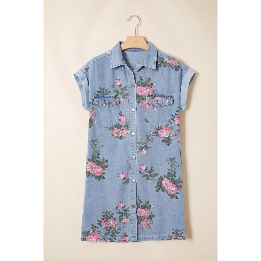 Sky Blue Denim Floral Print Cuffed Short Sleeve Button Down Shift Dress Dresses/Mini Dresses