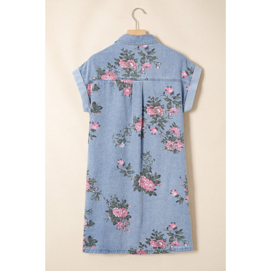 Sky Blue Denim Floral Print Cuffed Short Sleeve Button Down Shift Dress Dresses/Mini Dresses