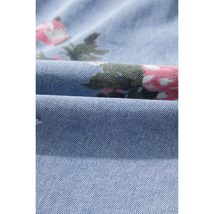 Sky Blue Denim Floral Print Cuffed Short Sleeve Button Down Shift Dress Dresses/Mini Dresses