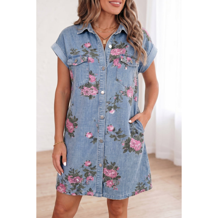 Sky Blue Denim Floral Print Cuffed Short Sleeve Button Down Shift Dress Sky Blue / S / 65% Cotton + 35% Polyester Dresses/Mini Dresses