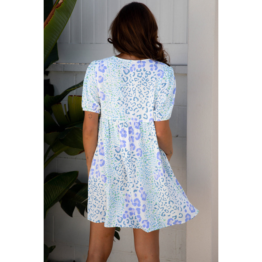 Sky Blue Floral Contrast Bow Puff Sleeve Mini Dress Dresses/Mini Dresses