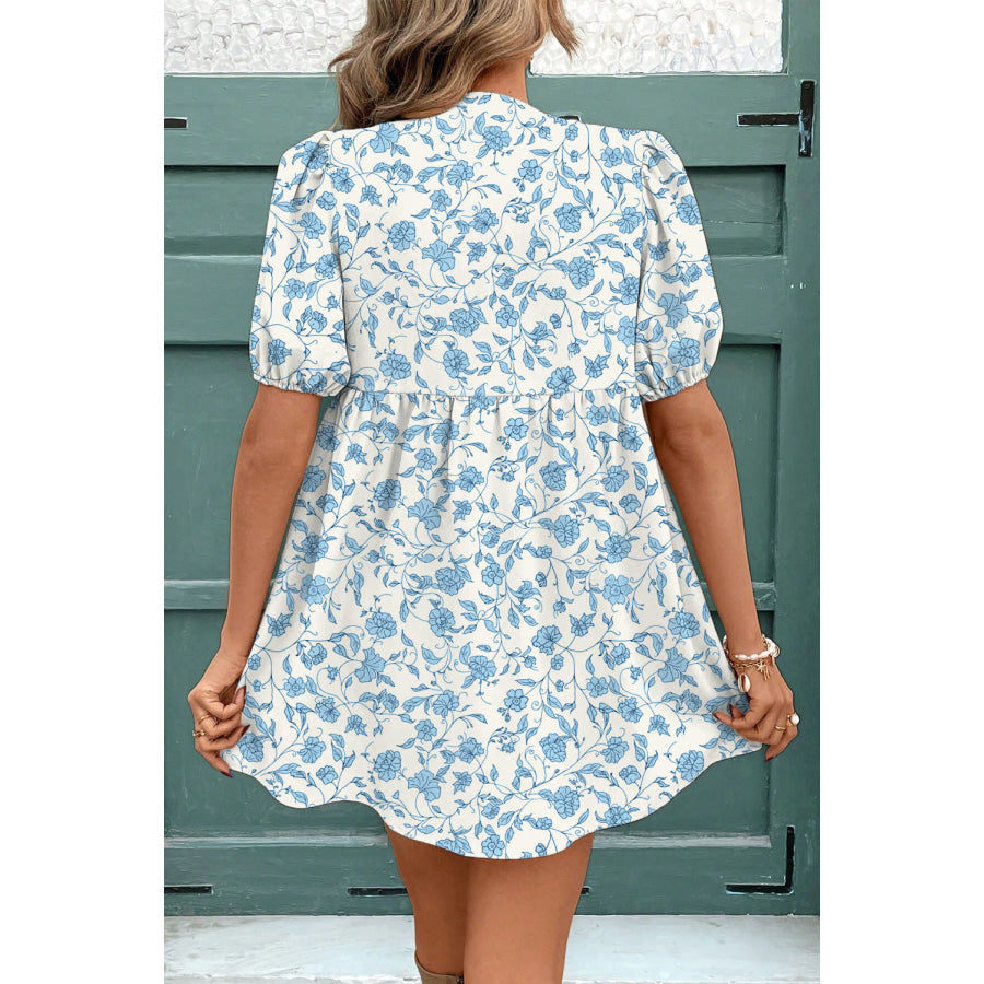Sky Blue Floral Contrast Bow Puff Sleeve Mini Dress Dresses/Mini Dresses