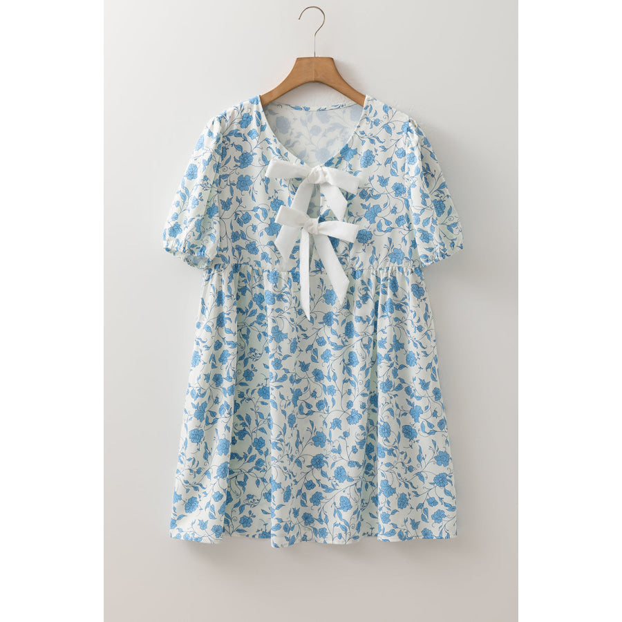 Sky Blue Floral Contrast Bow Puff Sleeve Mini Dress Dresses/Mini Dresses