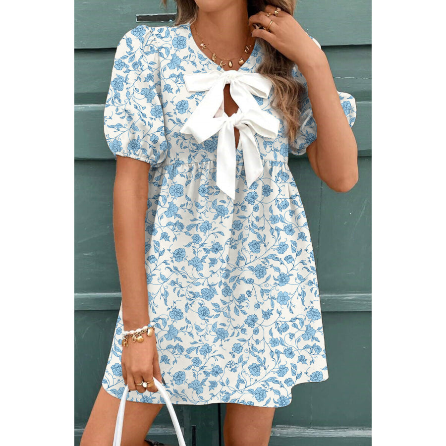 Sky Blue Floral Contrast Bow Puff Sleeve Mini Dress Sky Blue / S / 100% Polyester Dresses/Mini Dresses