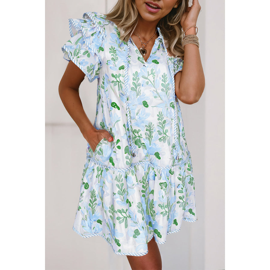 Sky Blue Floral Contrast Edge Layered Short Sleeve Mini Dress Dresses/Floral Dresses