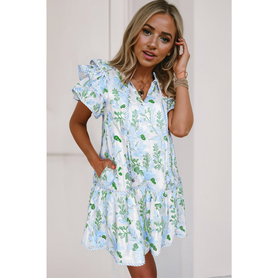Sky Blue Floral Contrast Edge Layered Short Sleeve Mini Dress Dresses/Floral Dresses