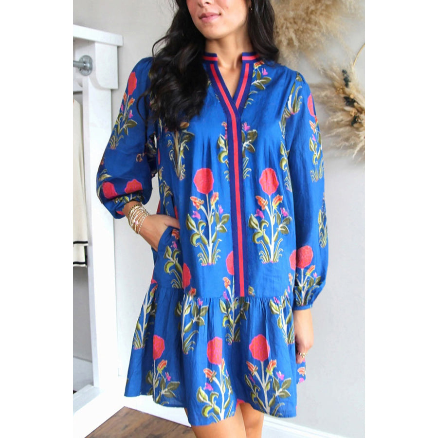 Sky Blue Floral Print Contrast Striped Trim Notched Neck Long Sleeve Dress Dresses/Floral Dresses