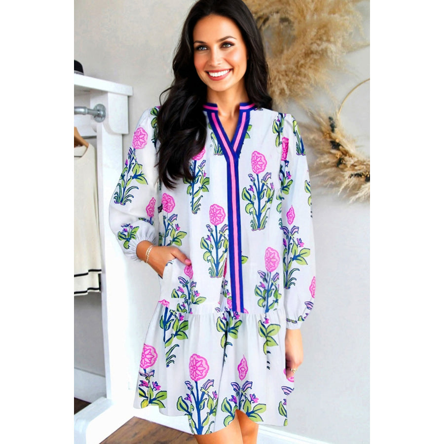 Sky Blue Floral Print Contrast Striped Trim Notched Neck Long Sleeve Dress Dresses/Floral Dresses