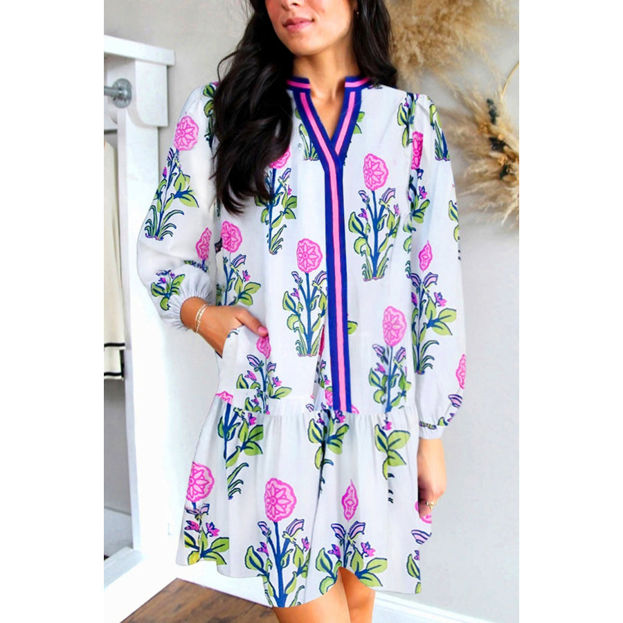 Sky Blue Floral Print Contrast Striped Trim Notched Neck Long Sleeve Dress Dresses/Floral Dresses