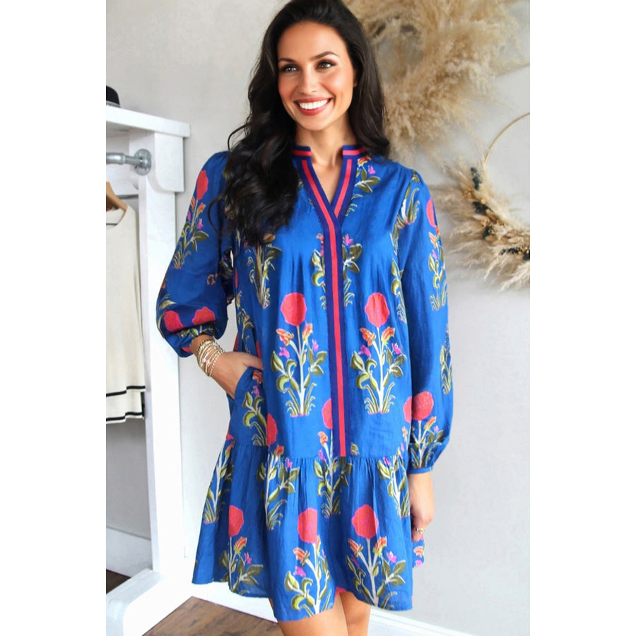 Sky Blue Floral Print Contrast Striped Trim Notched Neck Long Sleeve Dress Dresses/Floral Dresses