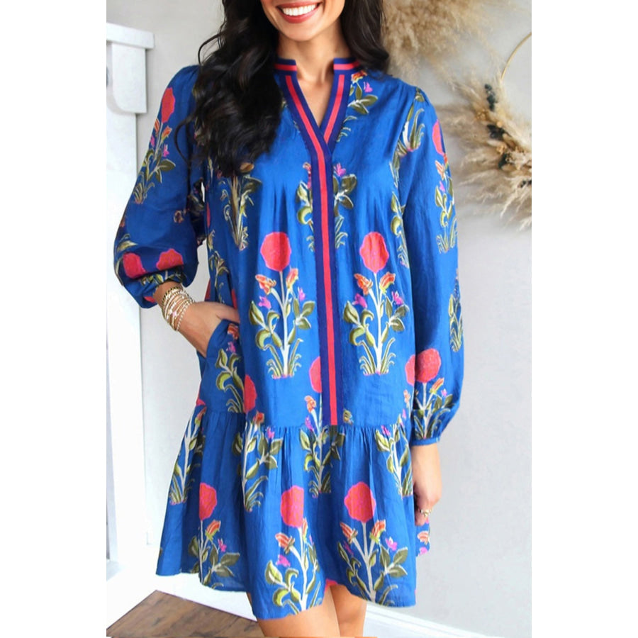 Sky Blue Floral Print Contrast Striped Trim Notched Neck Long Sleeve Dress Sky Blue / S / 100% Polyester Dresses/Floral Dresses