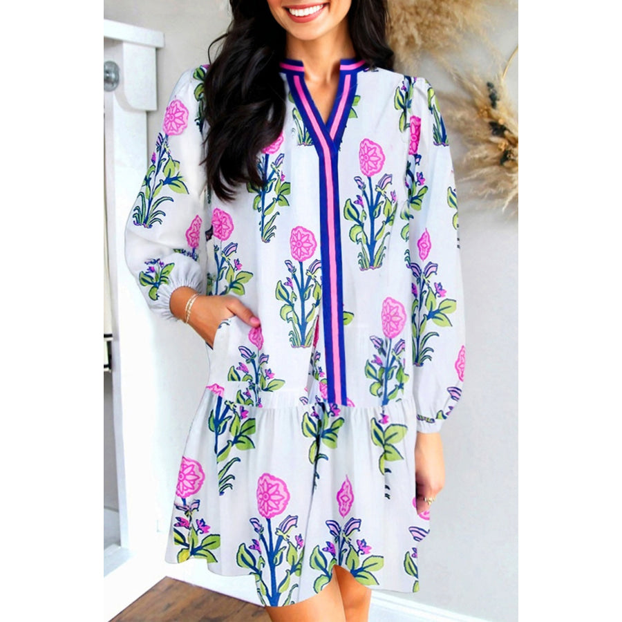 Sky Blue Floral Print Contrast Striped Trim Notched Neck Long Sleeve Dress White / S / 100% Polyester Dresses/Floral Dresses