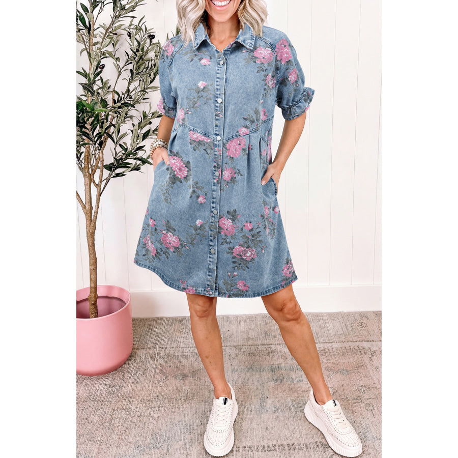 Sky Blue Floral Print Denim Short Sleeve Button Down Dress Dresses/Mini Dresses