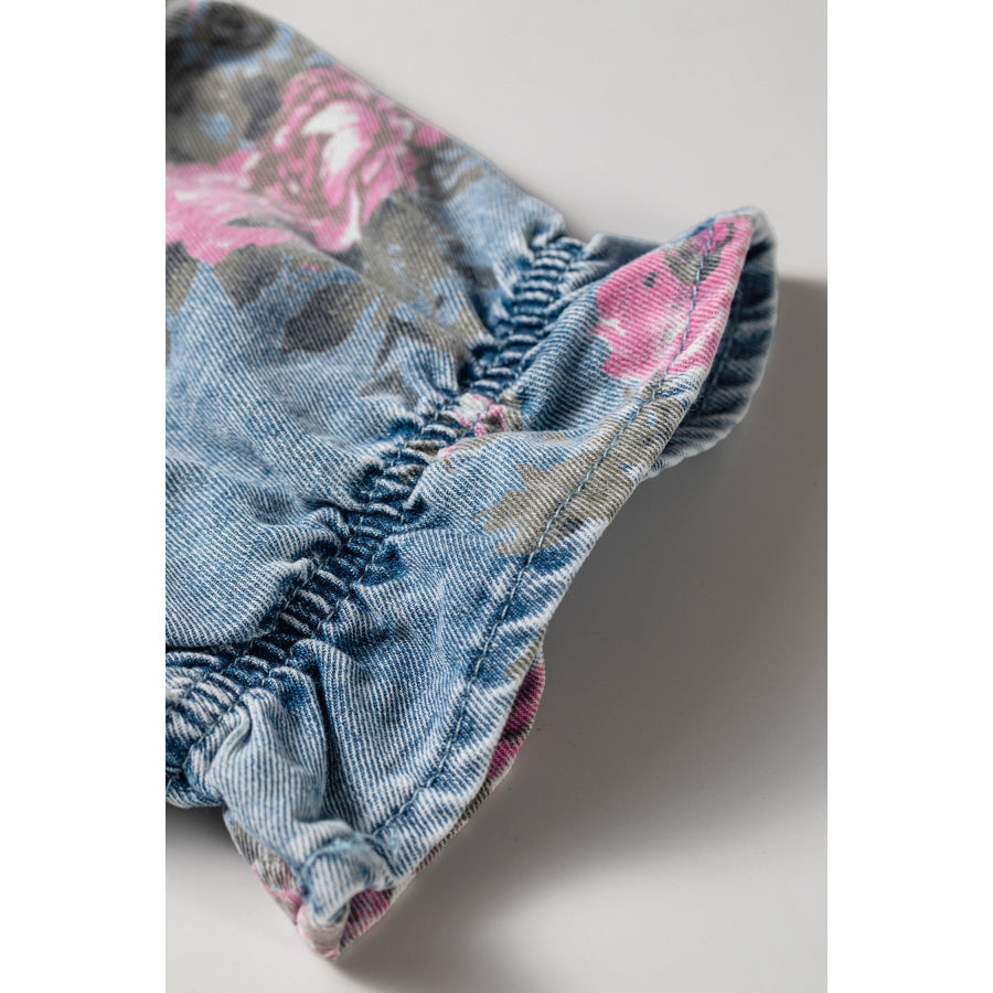 Sky Blue Floral Print Denim Short Sleeve Button Down Dress Dresses/Mini Dresses