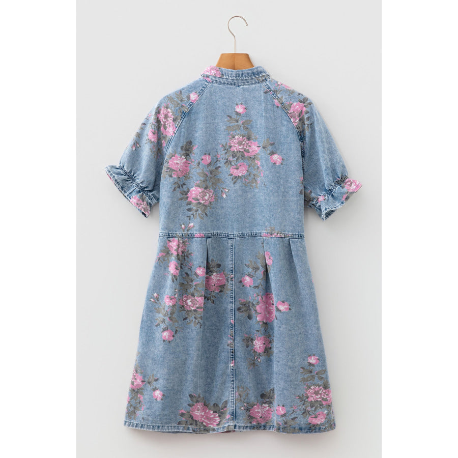 Sky Blue Floral Print Denim Short Sleeve Button Down Dress Dresses/Mini Dresses