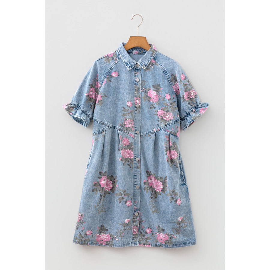 Sky Blue Floral Print Denim Short Sleeve Button Down Dress Dresses/Mini Dresses