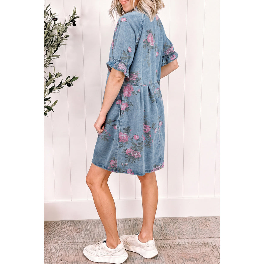 Sky Blue Floral Print Denim Short Sleeve Button Down Dress Dresses/Mini Dresses