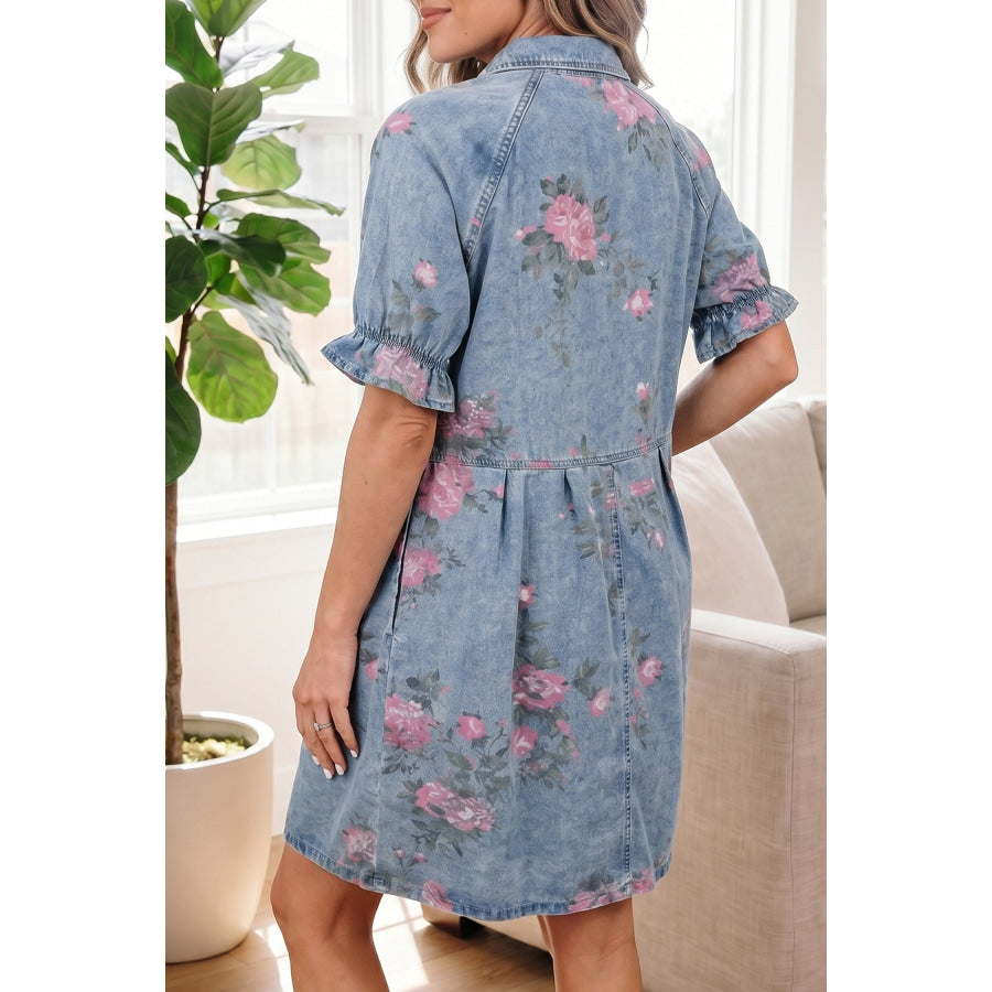 Sky Blue Floral Print Denim Short Sleeve Button Down Dress Sky Blue / S / 65% Cotton + 35% Polyester Dresses/Mini Dresses
