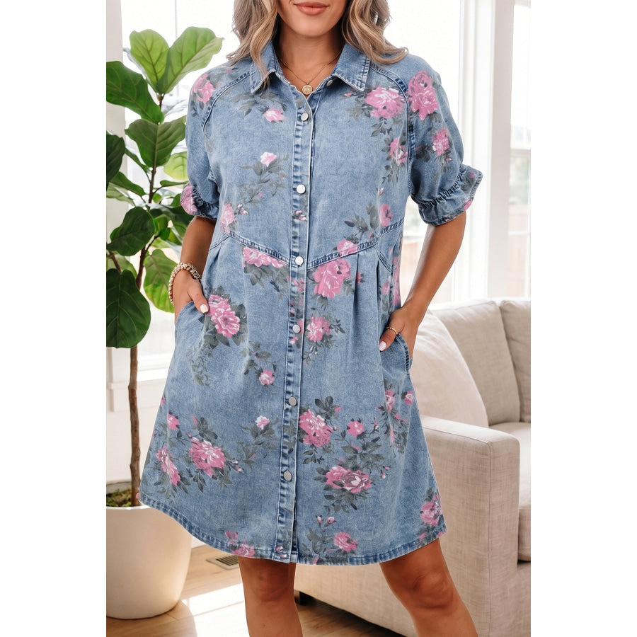 Sky Blue Floral Print Denim Short Sleeve Button Down Dress Sky Blue / S / 65% Cotton + 35% Polyester Dresses/Mini Dresses