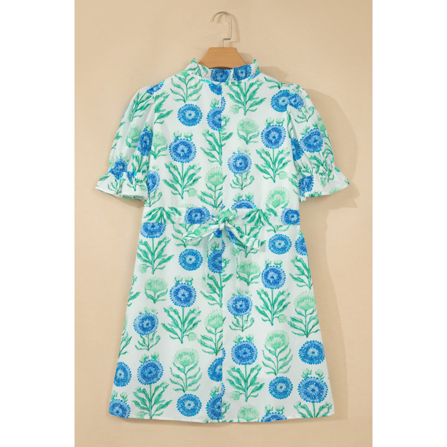 Sky Blue Floral Print Half Button Frilly Short Sleeve Dress Dresses/Floral Dresses
