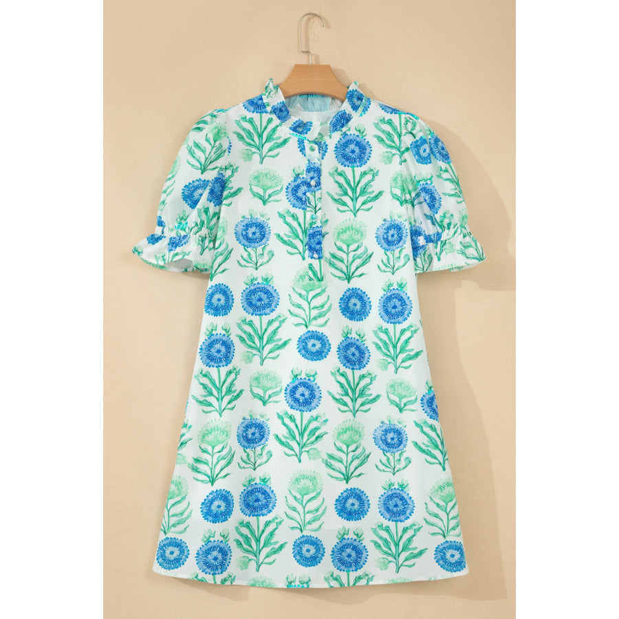 Sky Blue Floral Print Half Button Frilly Short Sleeve Dress Dresses/Floral Dresses