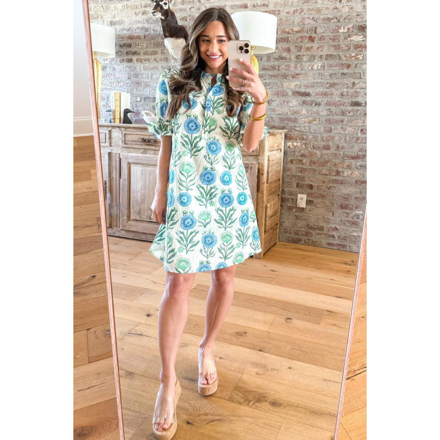 Sky Blue Floral Print Half Button Frilly Short Sleeve Dress Dresses/Floral Dresses