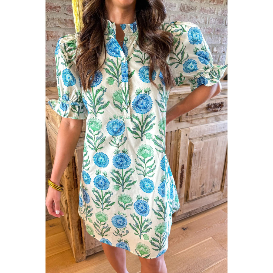 Sky Blue Floral Print Half Button Frilly Short Sleeve Dress Dresses/Floral Dresses