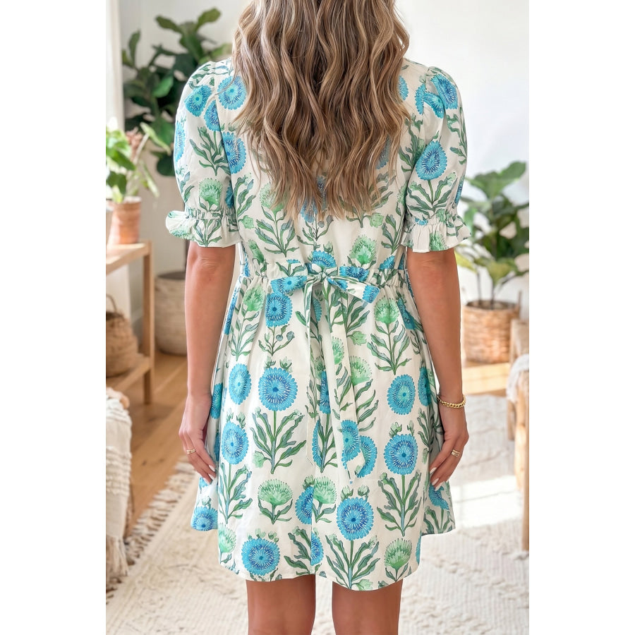 Sky Blue Floral Print Half Button Frilly Short Sleeve Dress Dresses/Floral Dresses
