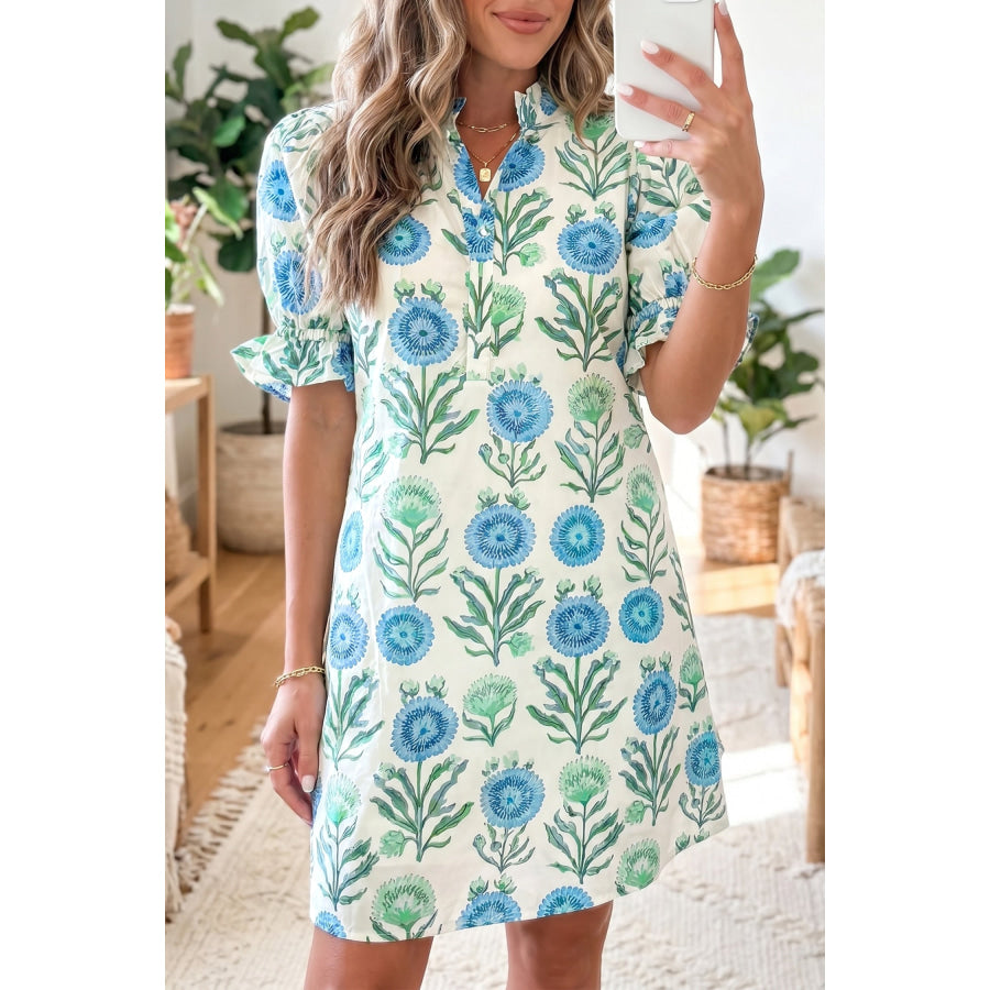 Sky Blue Floral Print Half Button Frilly Short Sleeve Dress Sky Blue / S / 100% Polyester Dresses/Floral Dresses