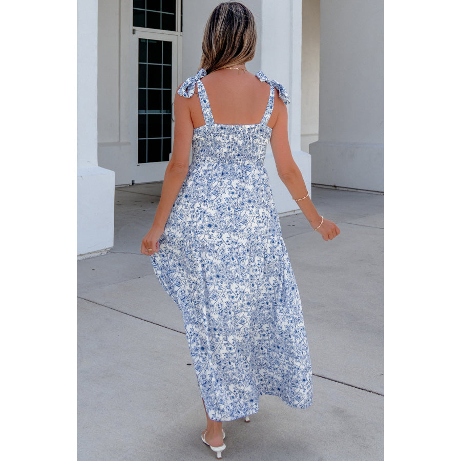 Sky Blue Floral Print Knot Straps High Waist Flared Maxi Dress Dresses/Maxi Dresses