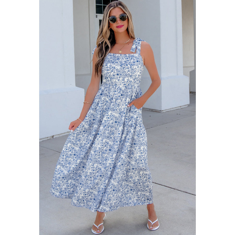 Sky Blue Floral Print Knot Straps High Waist Flared Maxi Dress Dresses/Maxi Dresses