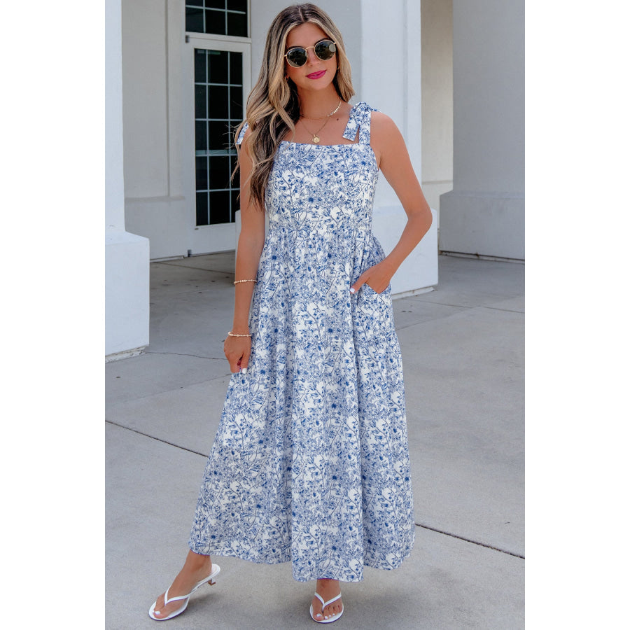 Sky Blue Floral Print Knot Straps High Waist Flared Maxi Dress Dresses/Maxi Dresses
