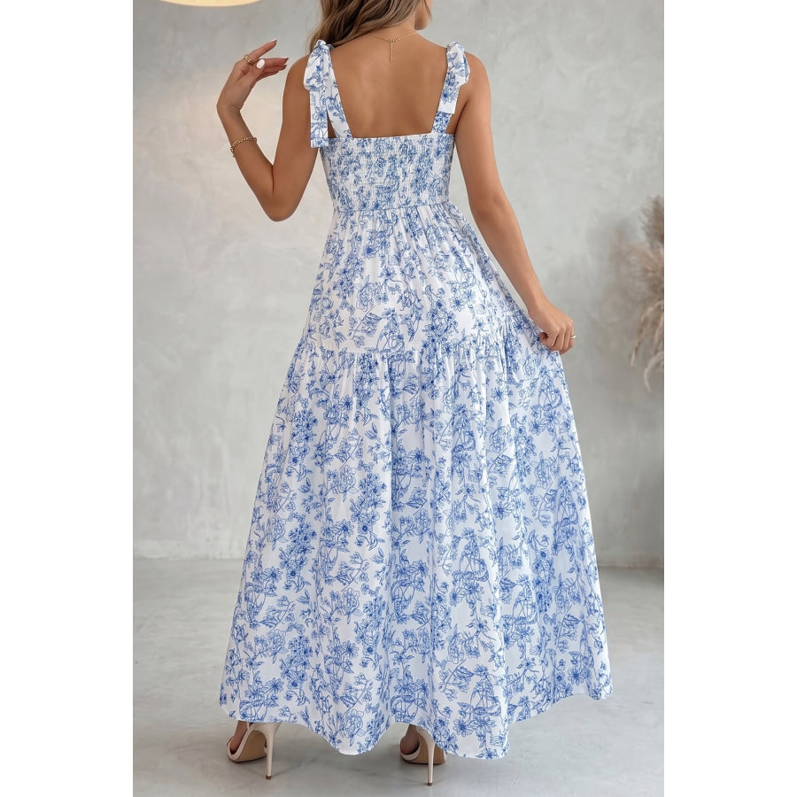 Sky Blue Floral Print Knot Straps High Waist Flared Maxi Dress Dresses/Maxi Dresses