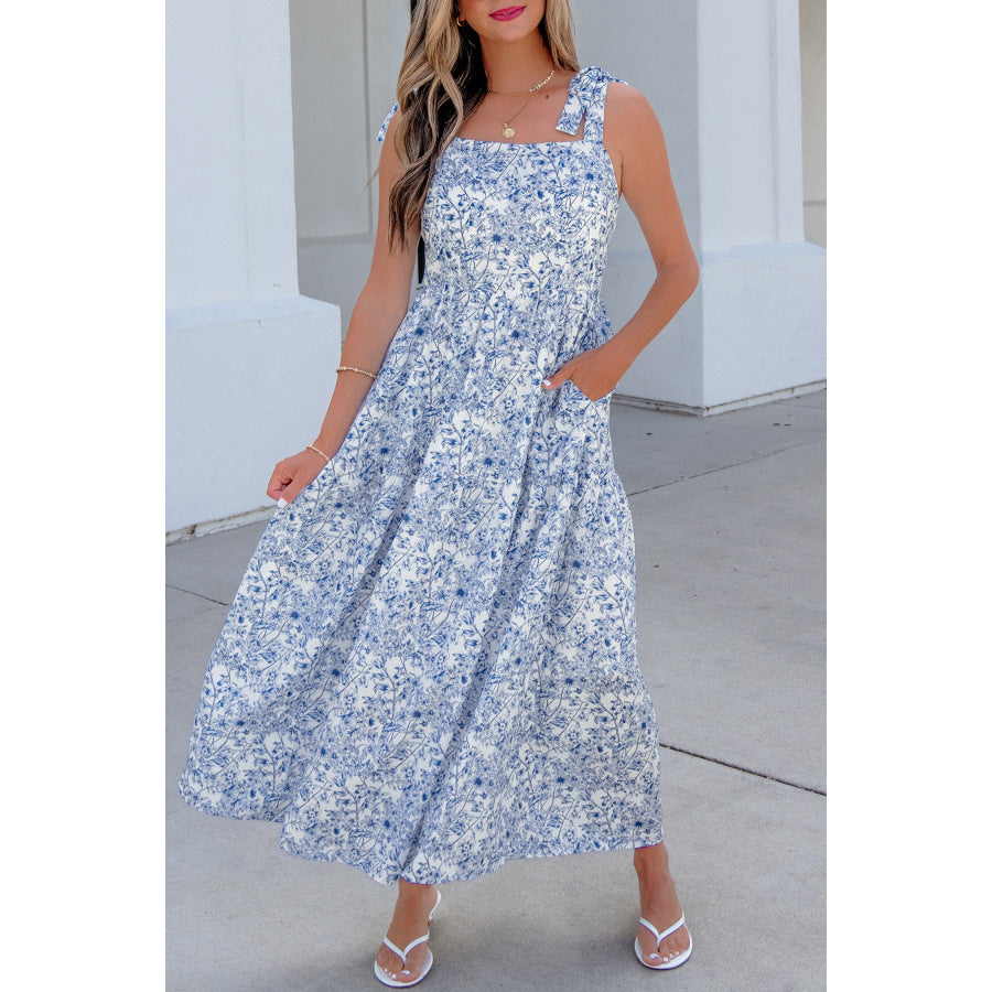 Sky Blue Floral Print Knot Straps High Waist Flared Maxi Dress Dresses/Maxi Dresses