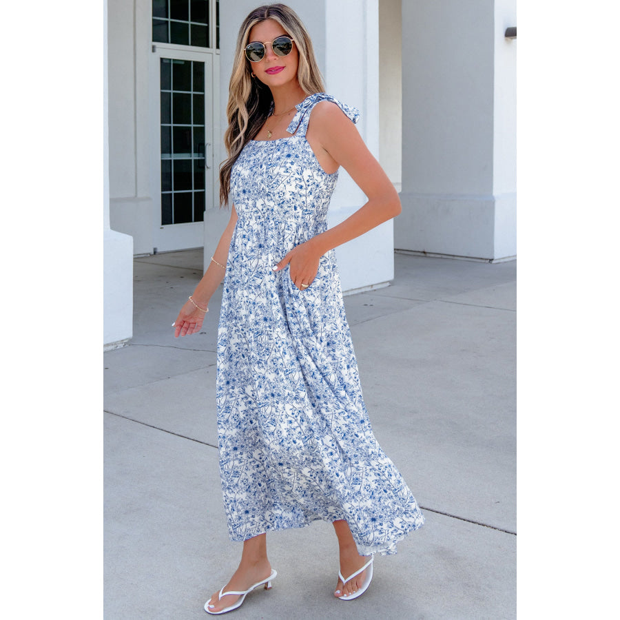 Sky Blue Floral Print Knot Straps High Waist Flared Maxi Dress Dresses/Maxi Dresses