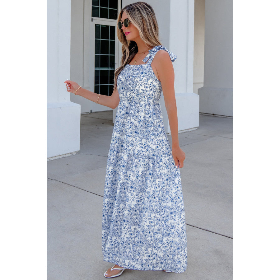 Sky Blue Floral Print Knot Straps High Waist Flared Maxi Dress Dresses/Maxi Dresses
