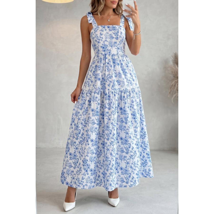 Sky Blue Floral Print Knot Straps High Waist Flared Maxi Dress Sky Blue / S / 100% Polyester Dresses/Maxi Dresses