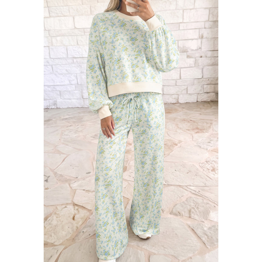 Sky Blue Floral Print Long Sleeve Top Drawstring Wide Leg Pants Set / S Two Piece Sets/Pant Sets
