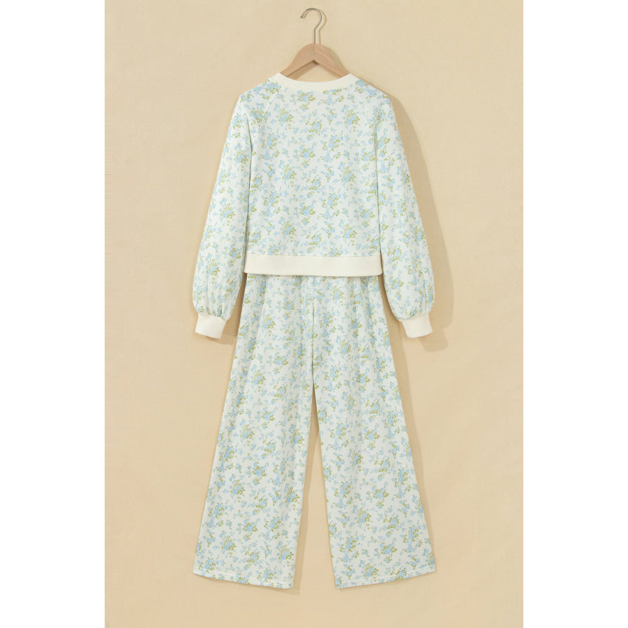 Sky Blue Floral Print Long Sleeve Top Drawstring Wide Leg Pants Set Two Piece Sets/Pant Sets