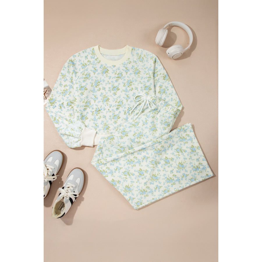 Sky Blue Floral Print Long Sleeve Top Drawstring Wide Leg Pants Set Two Piece Sets/Pant Sets